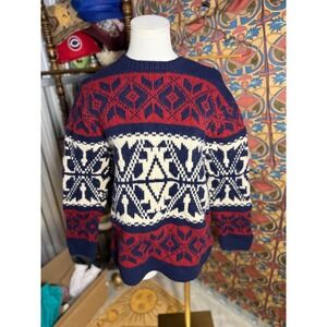 Vintage American Eagle Lambswool Fair Isle Geometric Knit Sweater Navy Red L